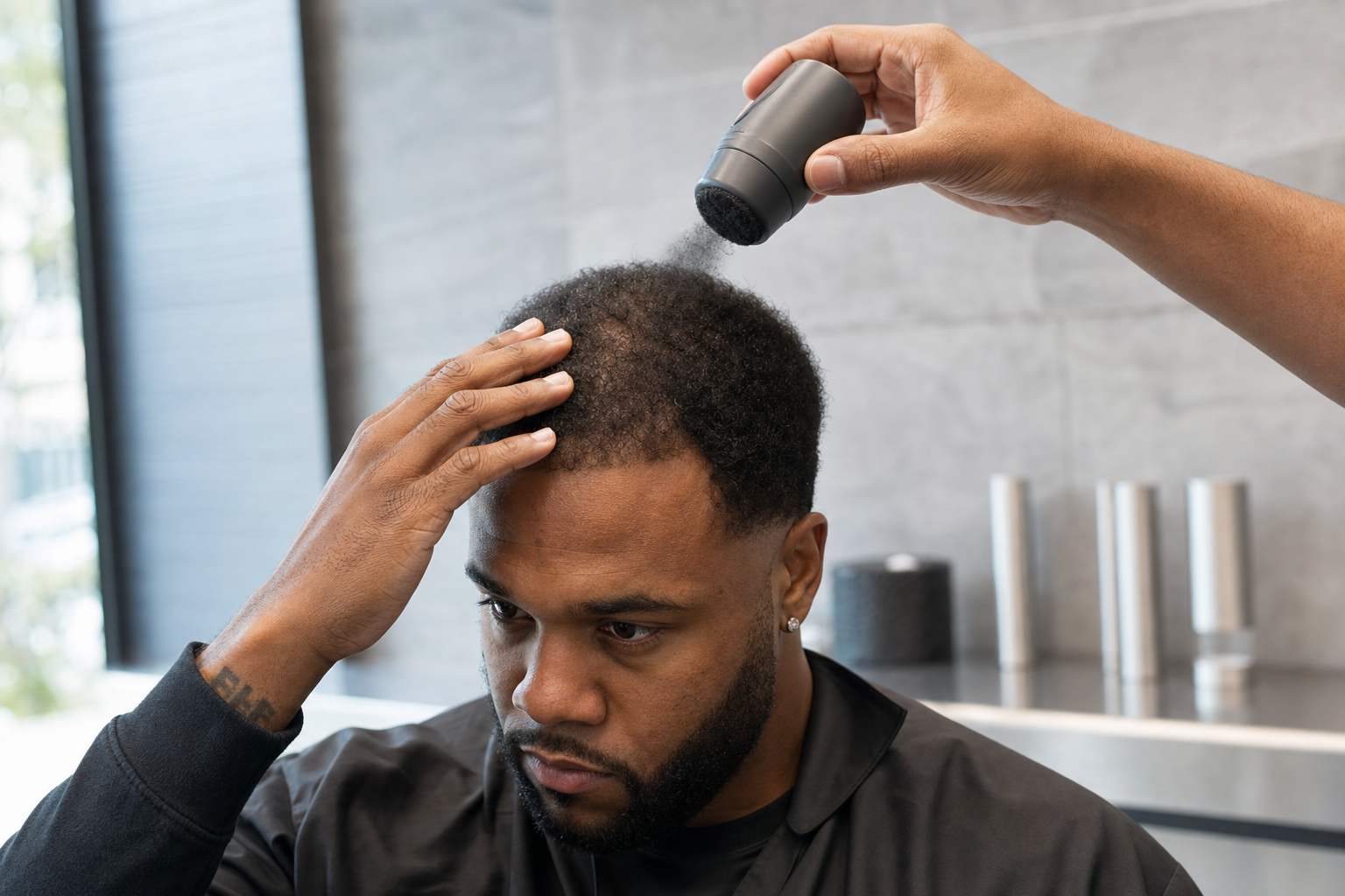 Man applying hair-building fibers at the crown