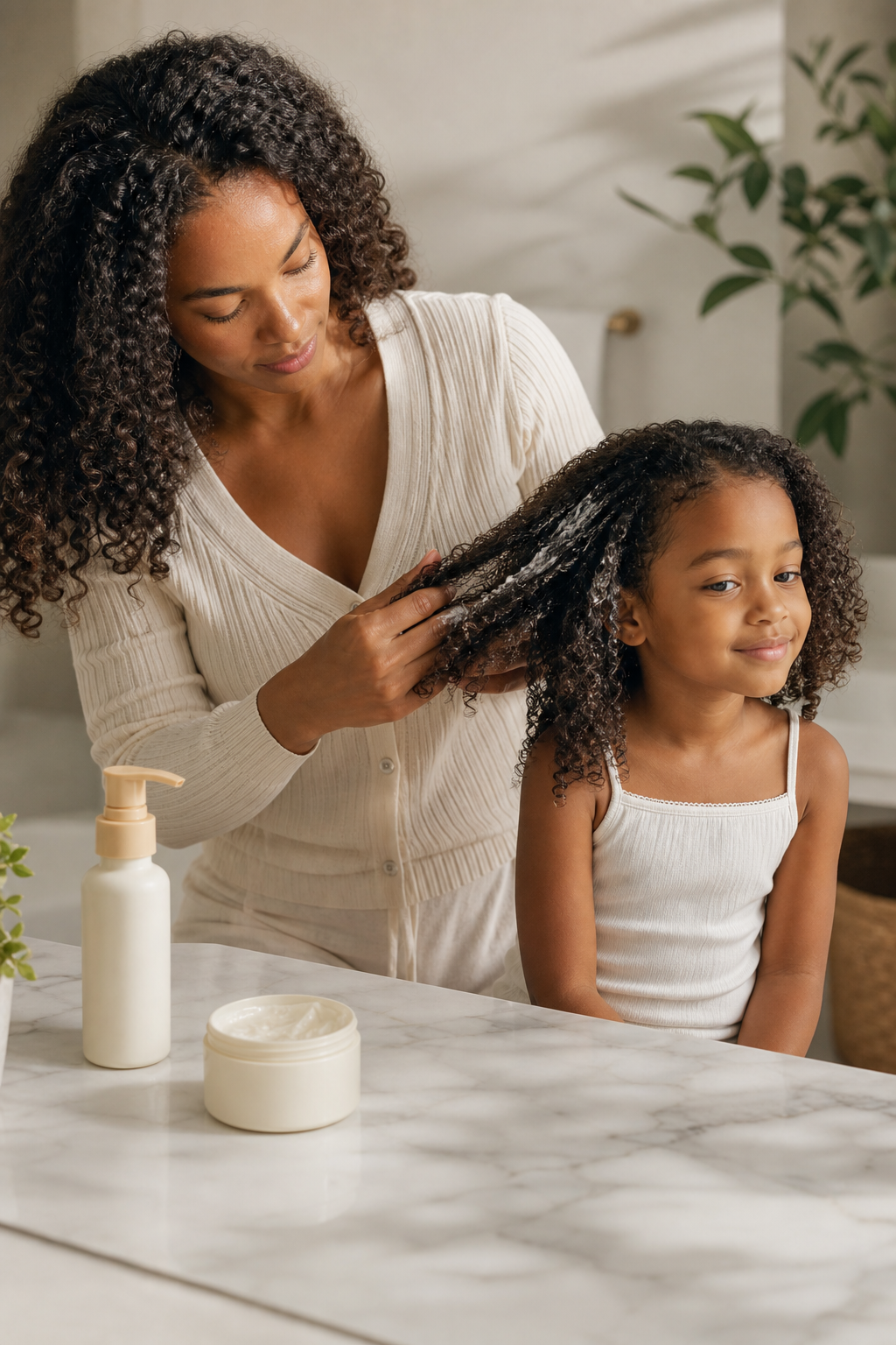 Parent caring for a child's curly hair at home
