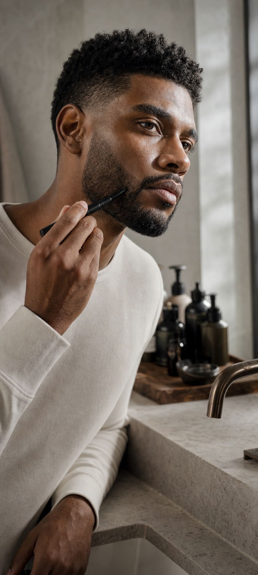 Man applying beard grooming product in a bathroom routine
