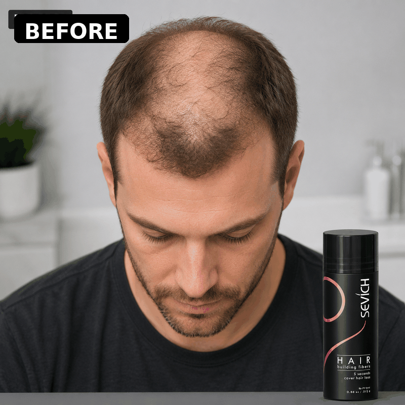 Real male before and after using SEVICH hair building fibers