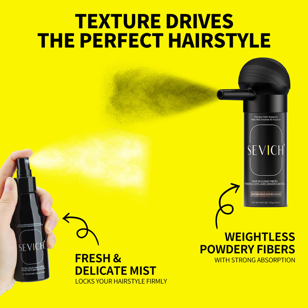 Hair building fibers, hold spray and applicator set